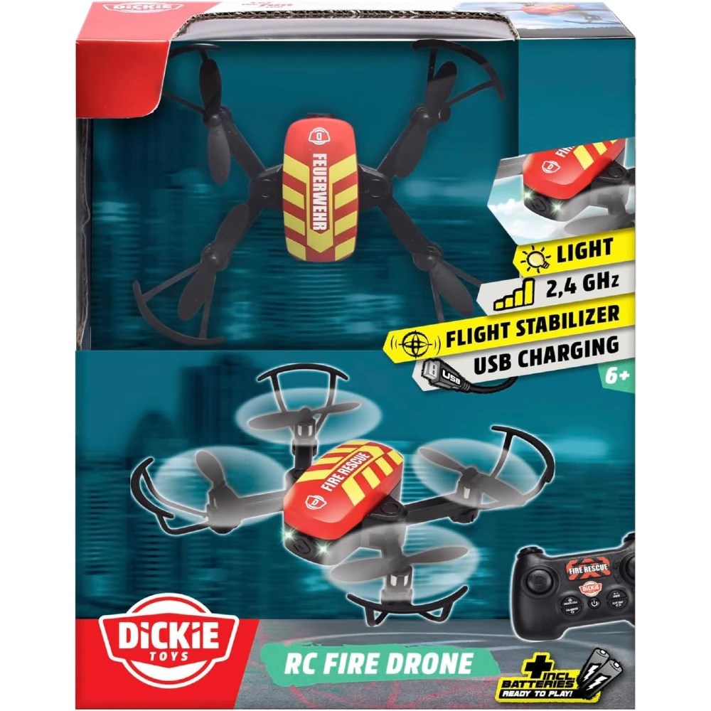 Dickie RC Fire Drone Uzaktan Kumandalı İtfaiye Drone ışık ve USB şarj gibi özelliklerin yer aldığı ambalaj.