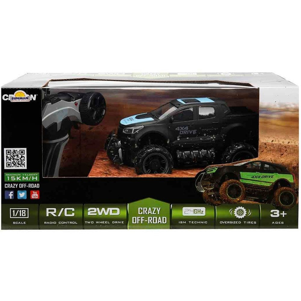 Crazon 4x4 Crazy Off-Road Uzaktan Kumandalı Araba Siyah Mavi kutusu ve uzaktan kumandasıyla birlikte görünüm.