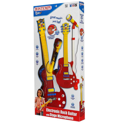 Bontempi Ayaklı Mikrofonlu Kırmızı Elektronik Gitar Seti 55 cm Gerçek Telli Gitar ve Ayarlanabilir Mikrofon Standı - Roket Oyuncak