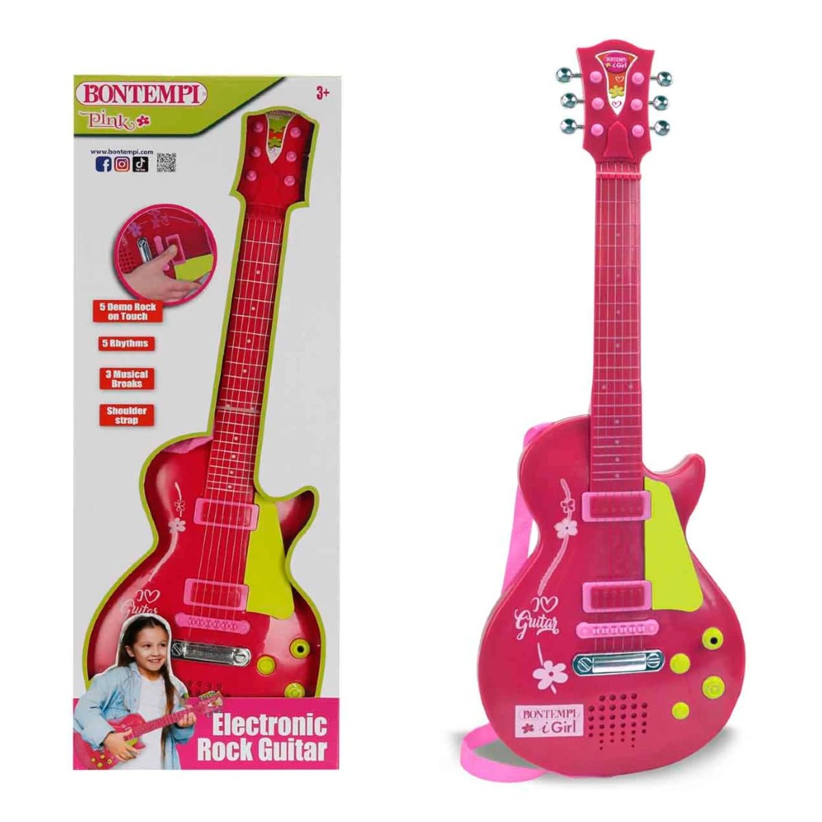 Bontempi Pembe Elektronik Çocuk Rock Gitarı 53 cm, Gerçek Telli, Ritim Destekli ve Mikrofon Soketli - Roket Oyuncak