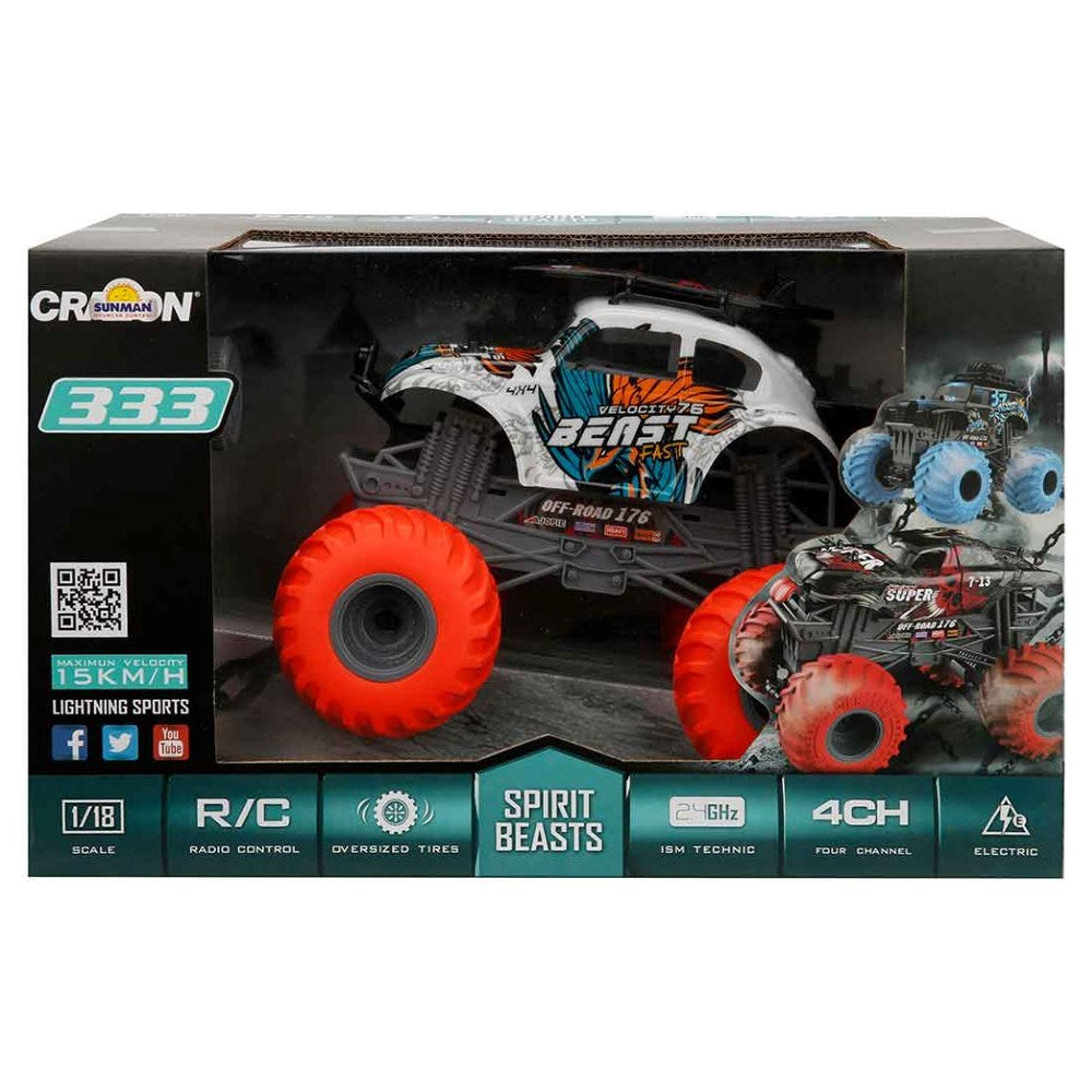 Crazon Spirit Beasts Dev Tekerlekli Kumandalı Araba Velocity 76 Grafikler ve parlak turuncu tekerleklerle paketlenmiş.