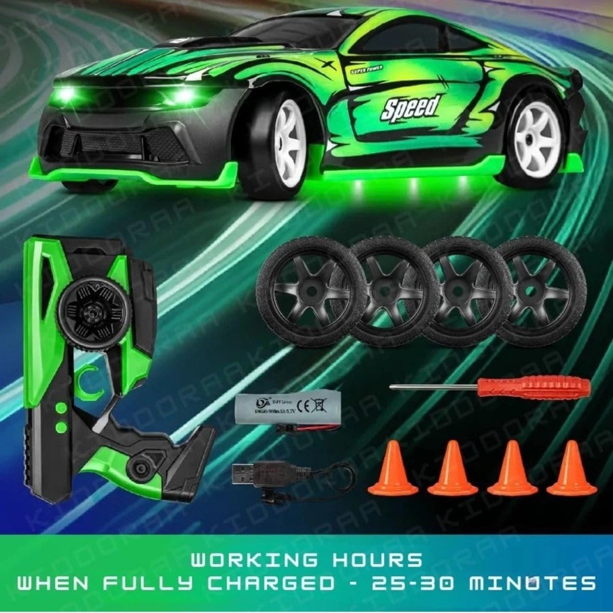 Drift Racer 4WD 12 Km/s Hız, 4 Tekerlekten Çekiş Sistemi, Işıklı Tasarım ve Özel Drift Parkur Konili Uzaktan Kumandalı Yarış Arabası (Yeşil) - Roket Oyuncak
