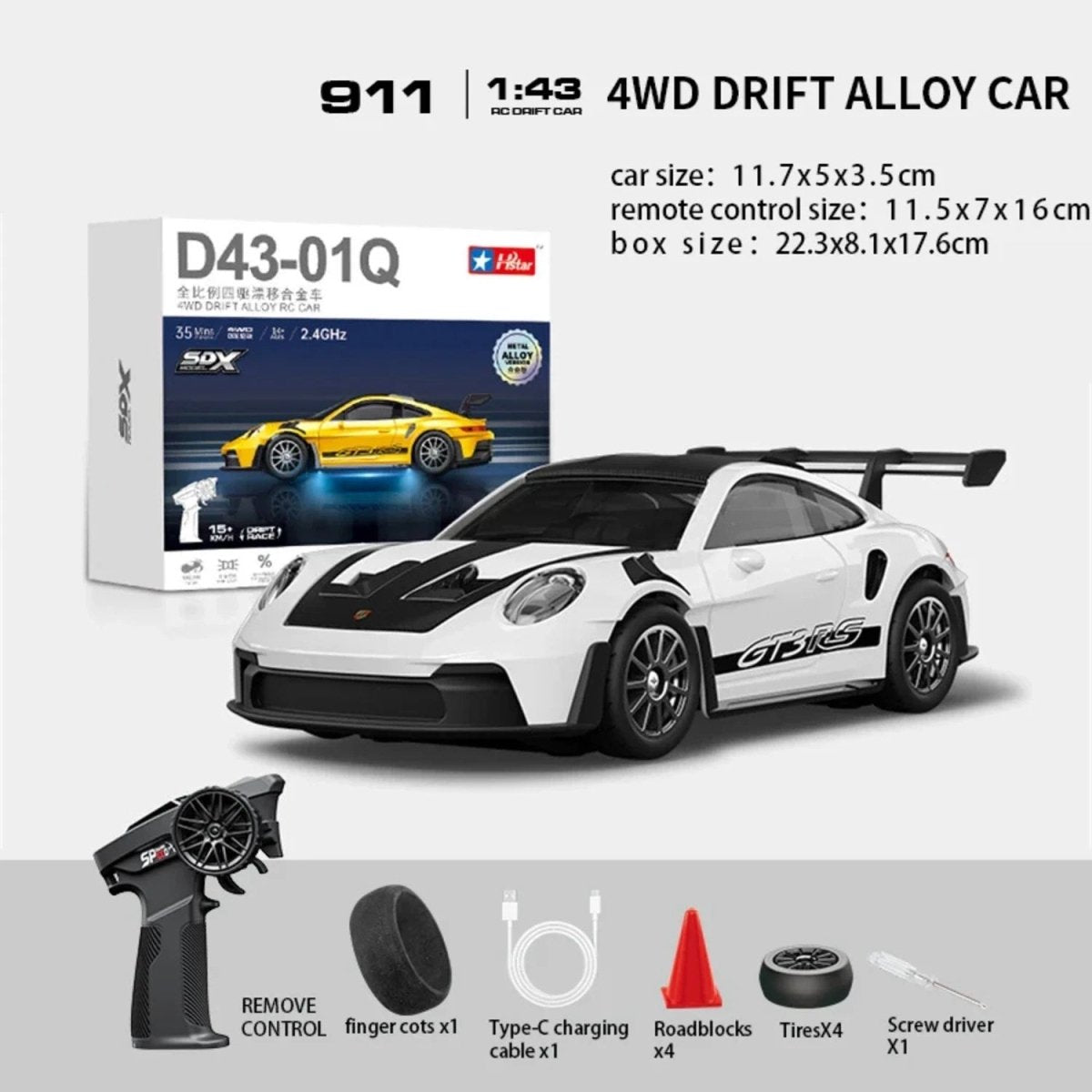 Hstar 1:43 Profesyonel Mini Drift RC Araba 911 4WD 15 KM/H Hız Metal Alaşım Gövde EPS Stabilizasyonu Tam Orantılı Çift Modlu LED - Roket Oyuncak