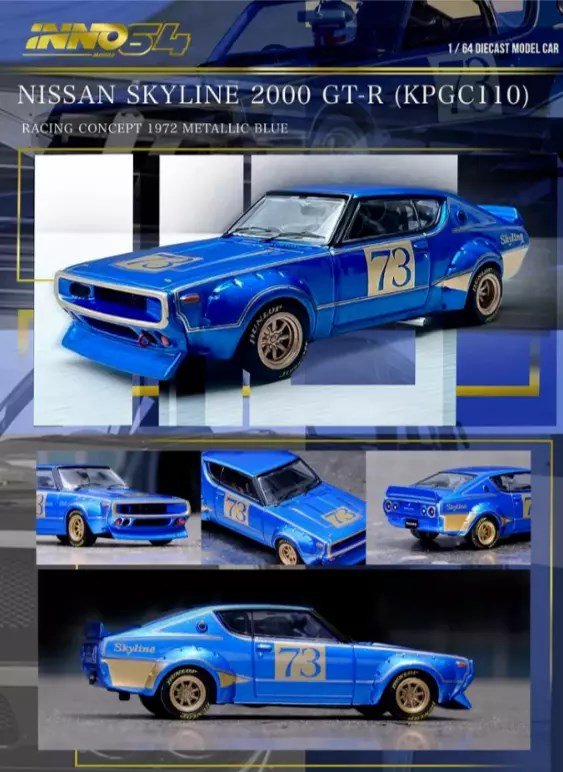 Inno 1:64 Nissan Skyline 2000 GT-R (KPGC110) Racing Concept 1972 Blue IN64-KPGC110RC-BLU - Roket Oyuncak