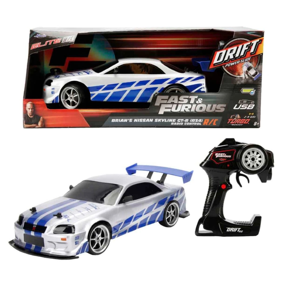 Jada 1:10 Fast & Furious Brian’s Nissan Skyline GT - R (R34) USB Şarjlı Uzaktan Kumandalı Drift Araba - Roket Oyuncak