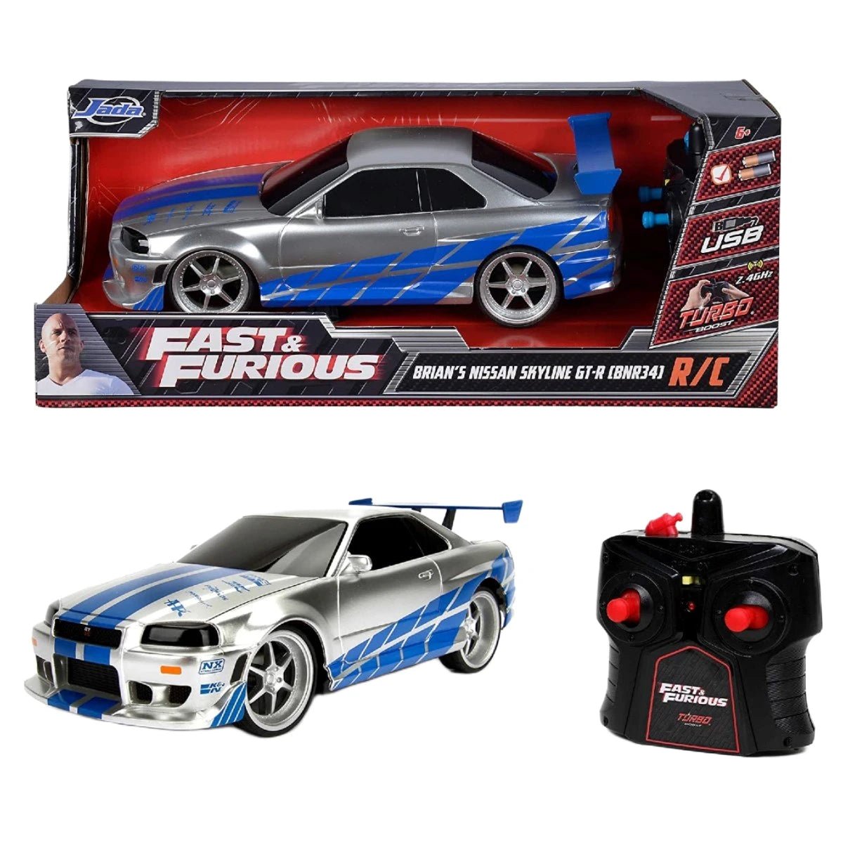 Jada 1:16 Fast & Furious Brian’s Nissan Skyline GT - R Turbo Güçlü USB Şarjlı Uzaktan Kumandalı Araba - Roket Oyuncak