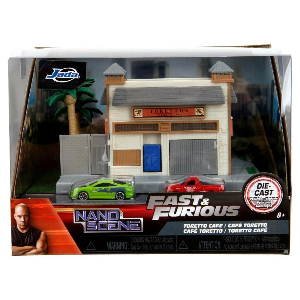 Jada Fast & Furious Nano Toretto's Cafe Diorama Seti Yeşil Mitsubishi Eclipse ve Kırmızı Ford F-150 Metal Araçlı Hızlı ve Öfkeli Kafesi - Roket Oyuncak