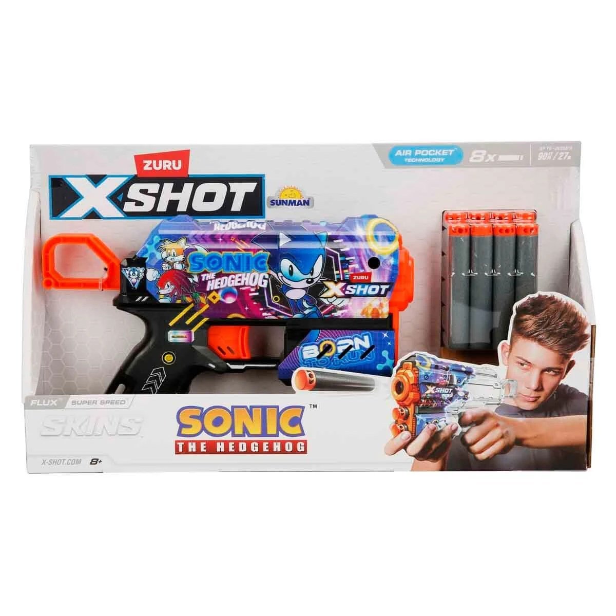 X - Shot Skins Flux Sonic The Hedgehog Super Speed 27 Metre Menzilli, 8 Sünger Dartlı, Sonic Lisanslı ve 21 cm Uzunluğunda Aksiyon Silahı - Roket Oyuncak