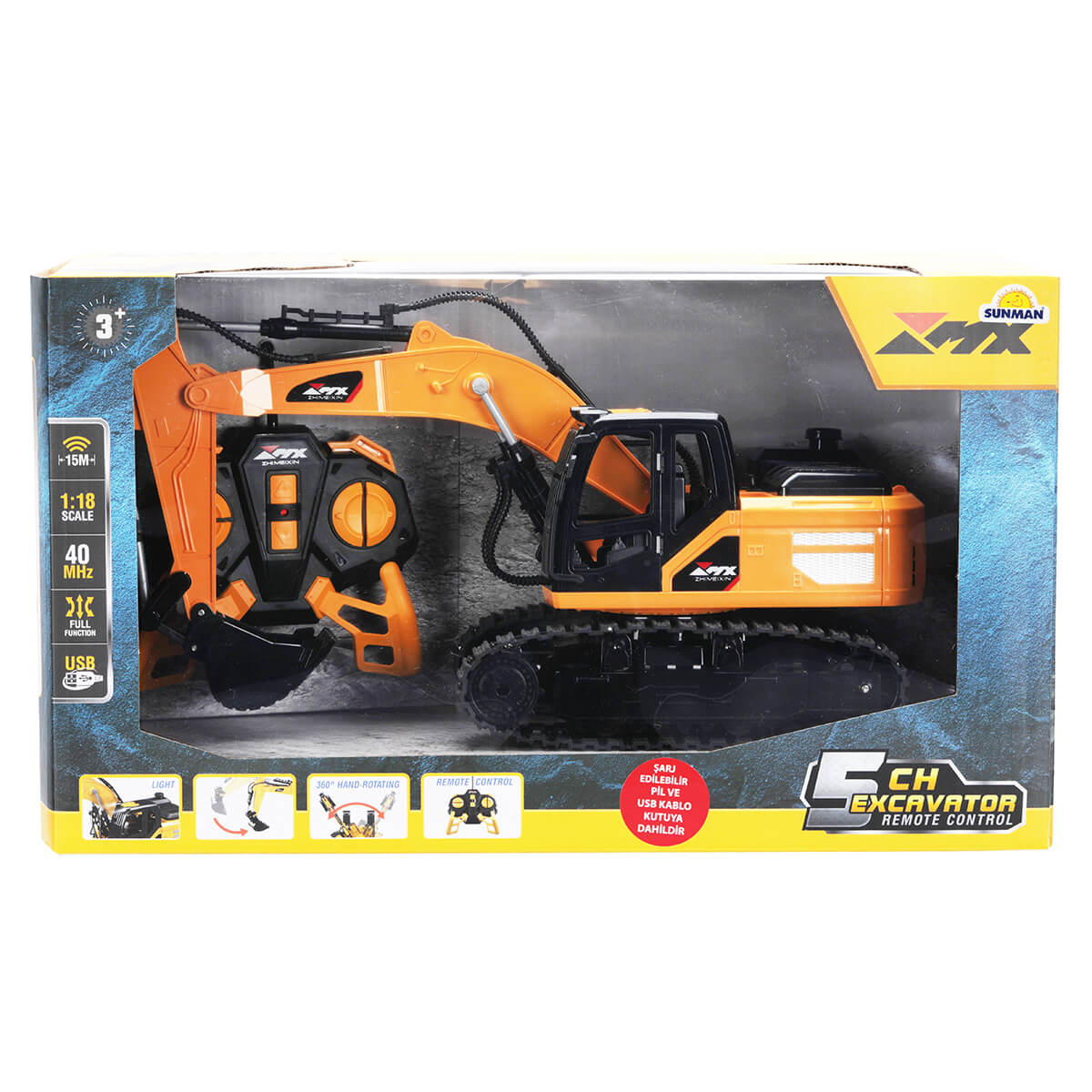 Mx 1:18 Işıklı USB Şarjlı Uzaktan Kumandalı 5 Kanal Ekskavatör