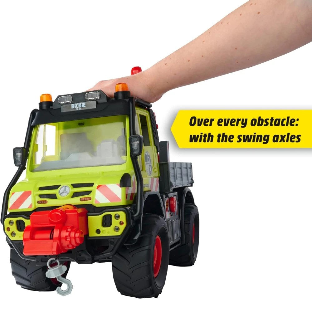 Dickie Mercedes Unimog U530 Kütük Taşıyıcı Vinç Kollu Kamyon 50 cm Joystick Kontrollü, Elektronik Kablolarla Yönetilen Sesli Işıklı Dev Araç