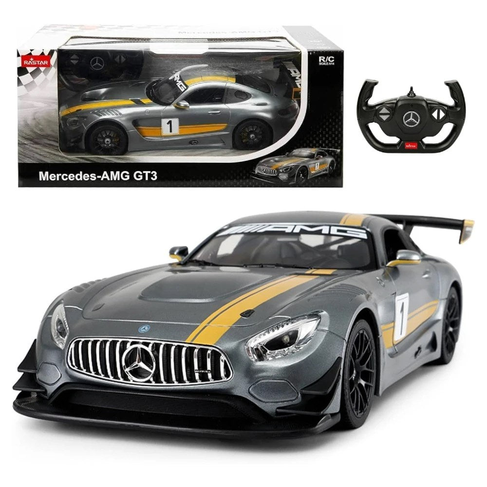 Rastar Mercedes AMG GT3 Uzaktan Kumandalı Spor Araba ve kumandası, kutusunda gösteriliyor.