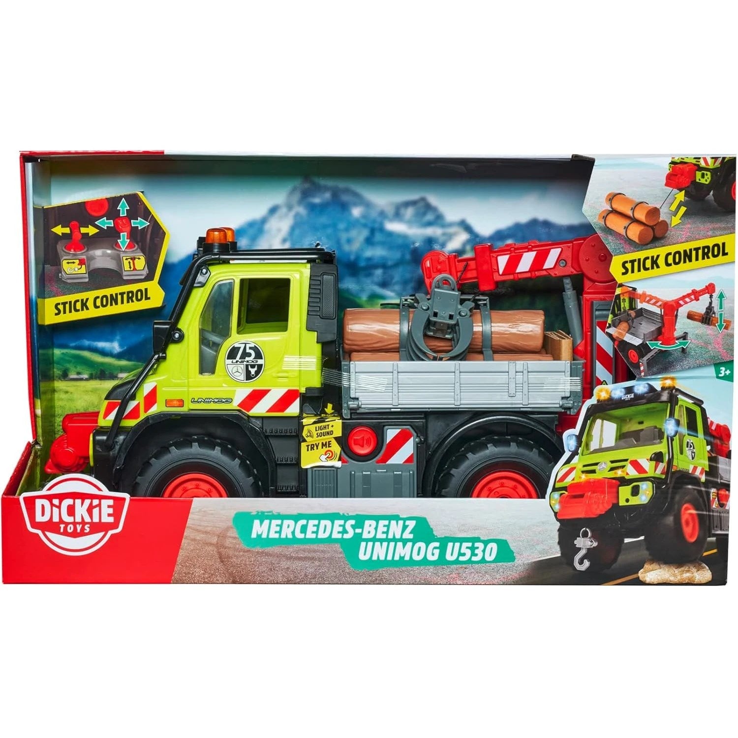 Dickie Mercedes Unimog U530 Kütük Taşıyıcı Vinç Kollu Kamyon 50 cm Joystick Kontrollü, Elektronik Kablolarla Yönetilen Sesli Işıklı Dev Araç