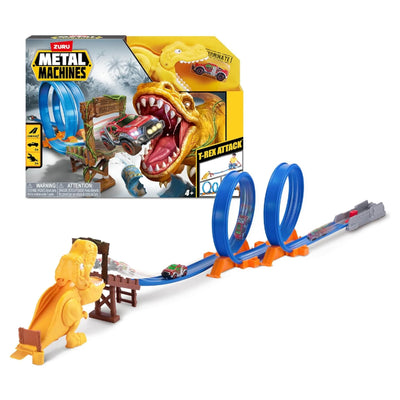 Metal Machines S1 T-Rex Oyun Seti Dev T-Rex Engelli, Çift 360° Pist Döngülü ve Wild Thing Fırlatıcılı Aksiyon Yarış Seti