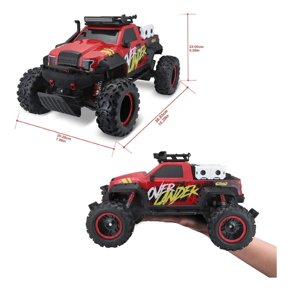 Maisto RC Over Lander Uzaktan Kumandalı Off-Road Araba, kırmızı, büyük lastikler ve üstünde 'OVER LANDER' yazısı ile.