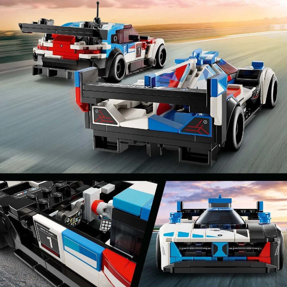 LEGO Speed Champions BMW M4 GT3 & BMW M Hybrid V8 76922 detaylı araç tasarımları ve canlı renkler sergiliyor.