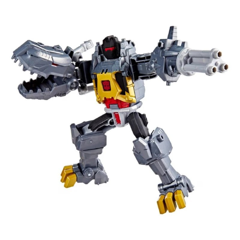 Transformers Cyberworld Chomp & Battle Grimlock in robot mode with blaster, showcasing its transformation features.