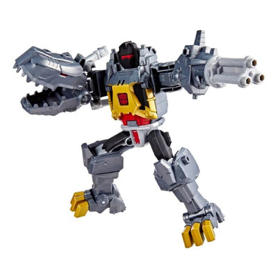 Transformers Cyberworld Chomp & Battle Grimlock in robot mode with blaster, showcasing its transformation features.