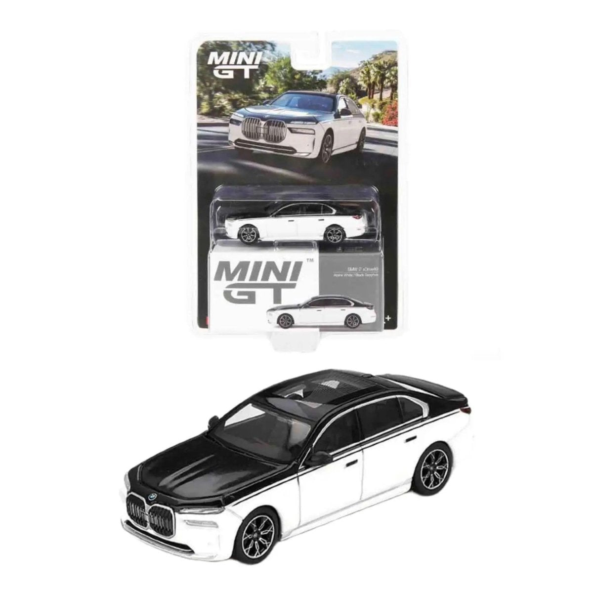 BMW i7 xDrive60 Alpine White / Black Sapphire LHD 1:64 Diecast Model Araba - Roket Oyuncak