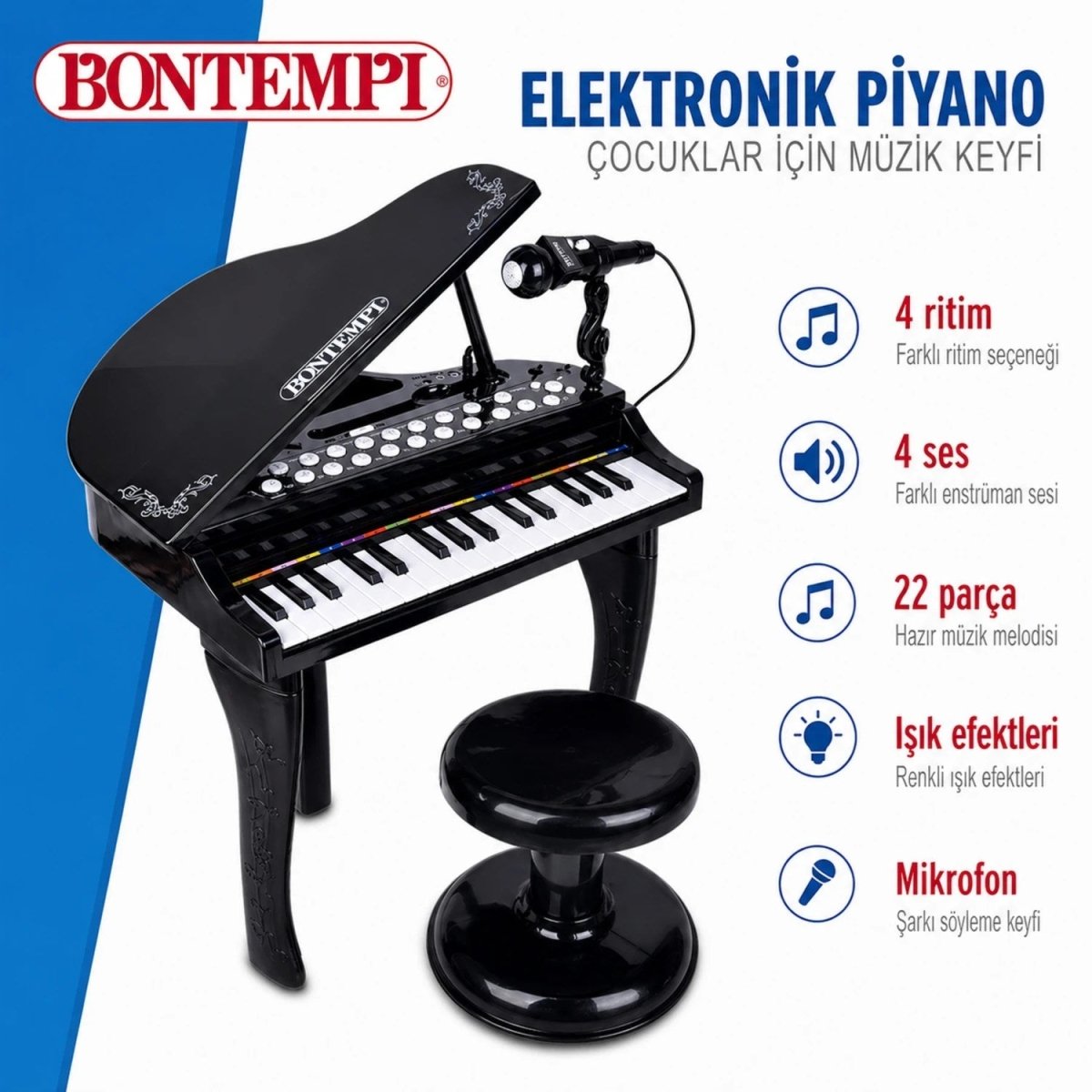 Bontempi 32 Tuşlu Işıklı Piyano Seti Mikrofonlu, Tabureli, Kayıt ve Riascolto Özellikli Elektronik Müzik Merkezi - Roket Oyuncak