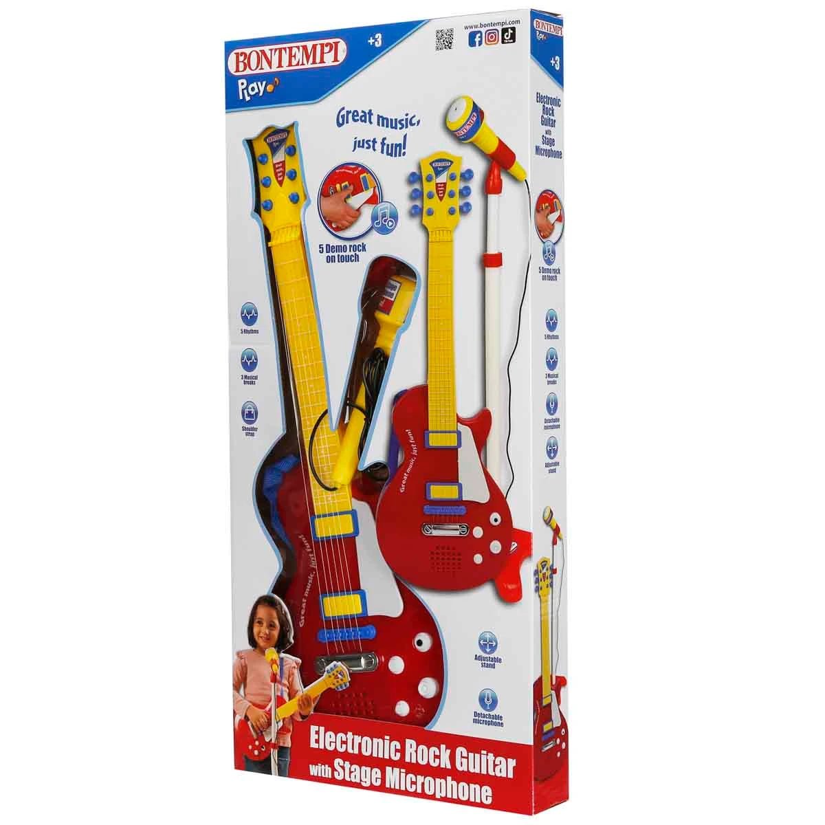 Bontempi Ayaklı Mikrofonlu Kırmızı Elektronik Gitar Seti 55 cm Gerçek Telli Gitar ve Ayarlanabilir Mikrofon Standı - Roket Oyuncak