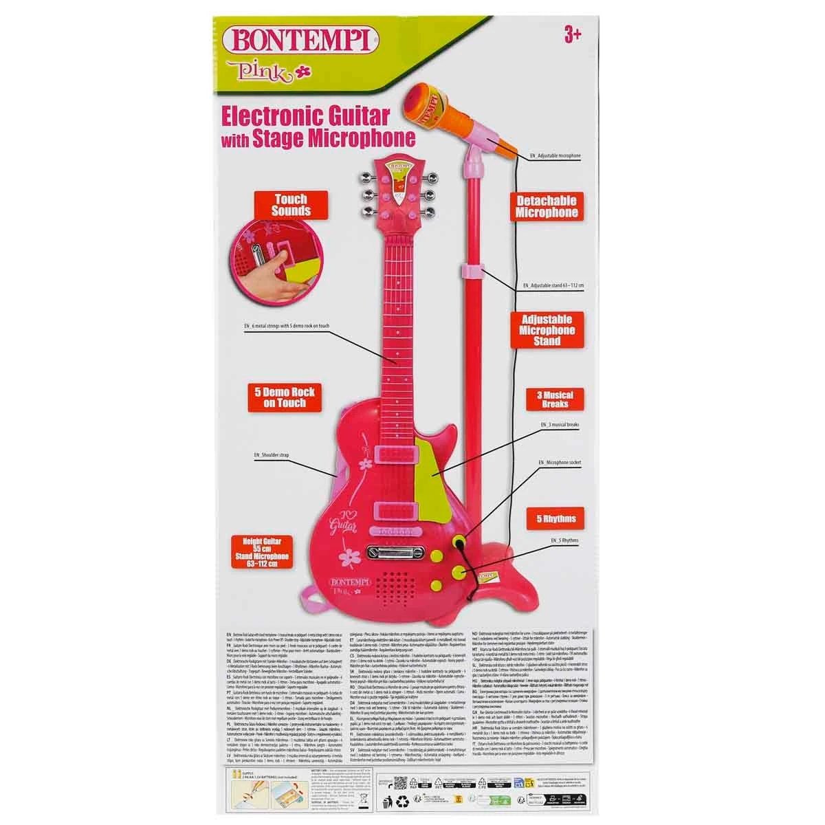 Bontempi Ayaklı Mikrofonlu Pembe Elektronik Çocuk Rock Gitarı 55 cm Ayarlanabilir Mikrofon Standı - Roket Oyuncak