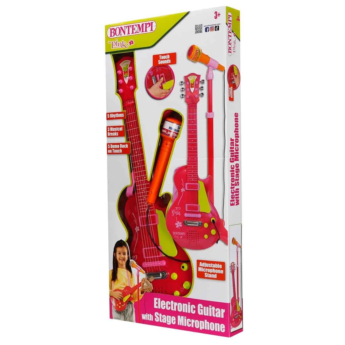 Bontempi Ayaklı Mikrofonlu Pembe Elektronik Çocuk Rock Gitarı 55 cm Ayarlanabilir Mikrofon Standı - Roket Oyuncak