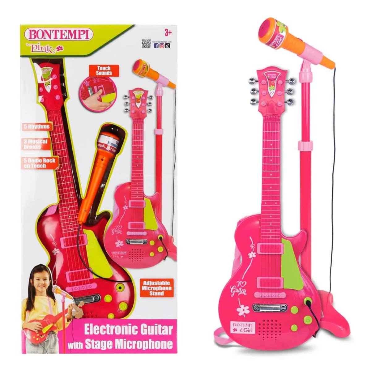 Bontempi Ayaklı Mikrofonlu Pembe Elektronik Çocuk Rock Gitarı 55 cm Ayarlanabilir Mikrofon Standı - Roket Oyuncak
