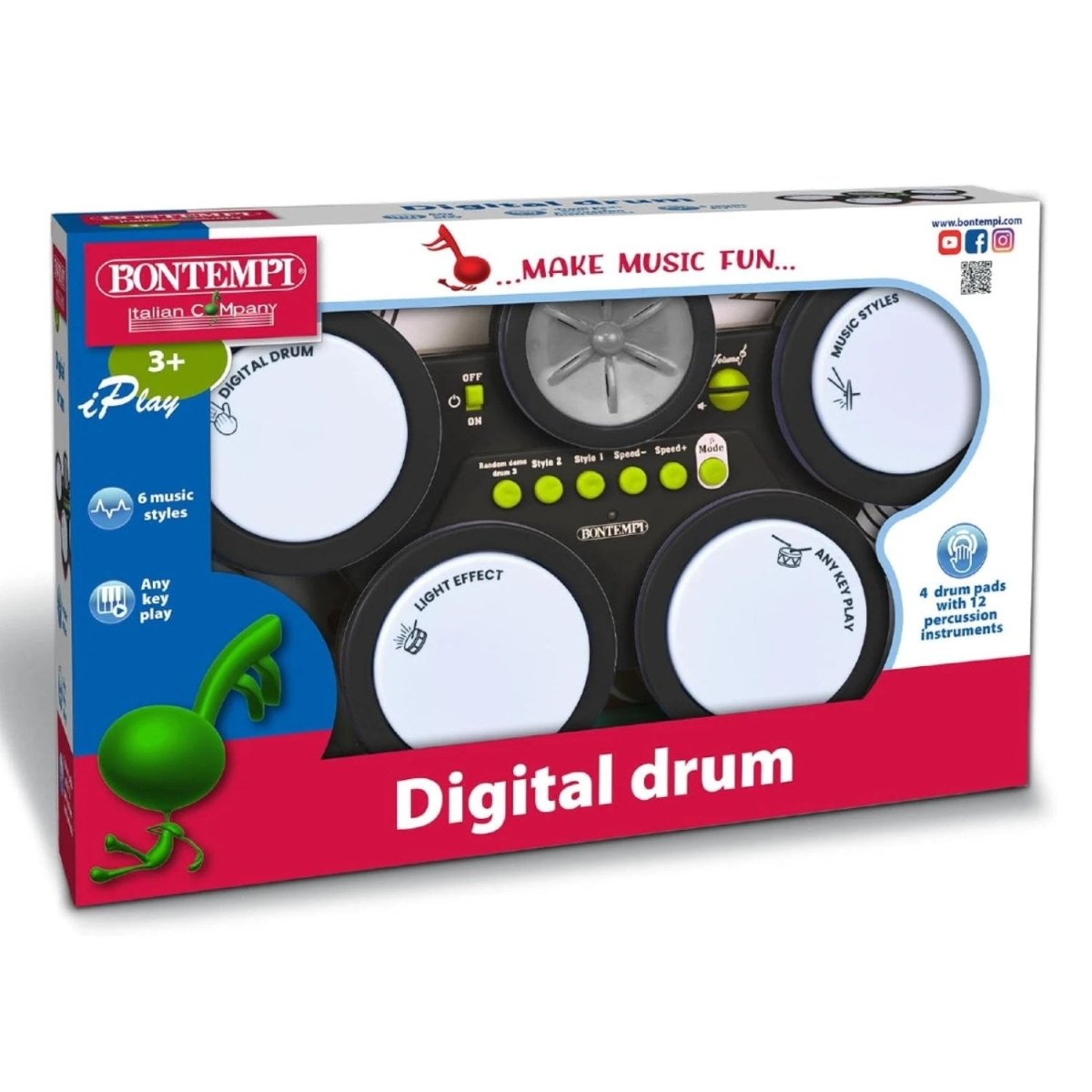 Bontempi Dijital Davul Seti 4 Davul Pedli, 12 Farklı Vurmalı Çalgı Sesli ve 6 Müzik Stilli Elektronik Bateri İstasyonu - Roket Oyuncak