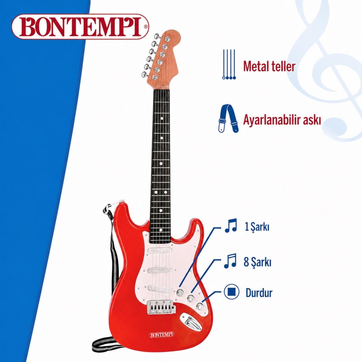 Bontempi Elektronik Rock Gitar 66 cm Boyunda, 6 Metal Telli, 8 Demo Şarkılı ve Omuz Askılı İlk Gitarım Seti - Roket Oyuncak