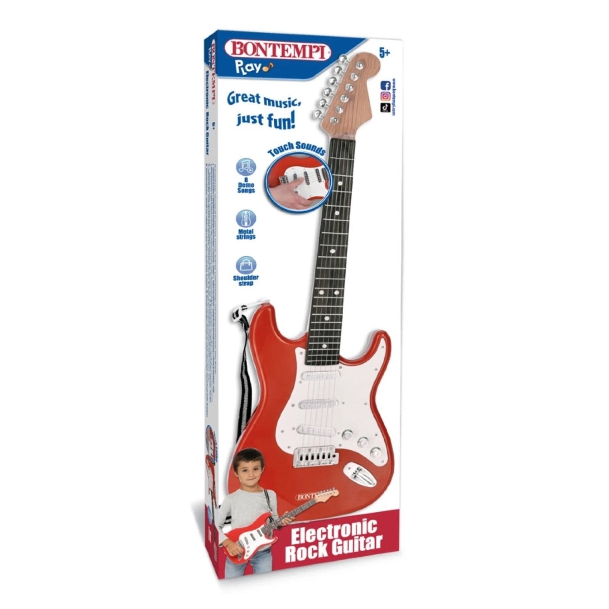 Bontempi Elektronik Rock Gitar 66 cm Boyunda, 6 Metal Telli, 8 Demo Şarkılı ve Omuz Askılı İlk Gitarım Seti - Roket Oyuncak