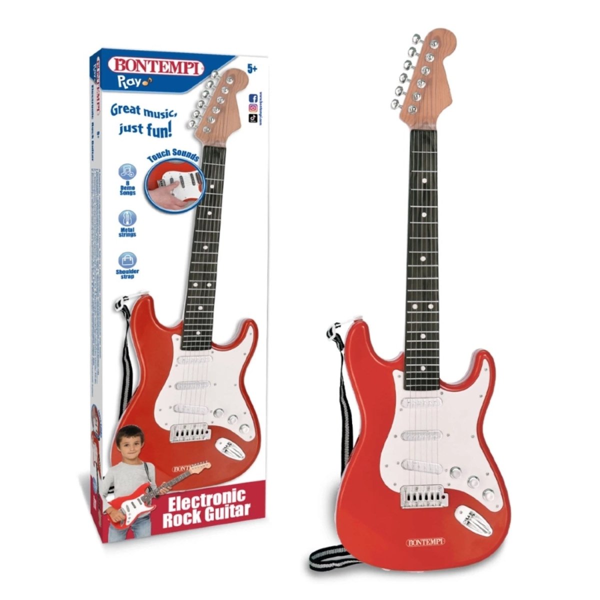 Bontempi Elektronik Rock Gitar 66 cm Boyunda, 6 Metal Telli, 8 Demo Şarkılı ve Omuz Askılı İlk Gitarım Seti - Roket Oyuncak
