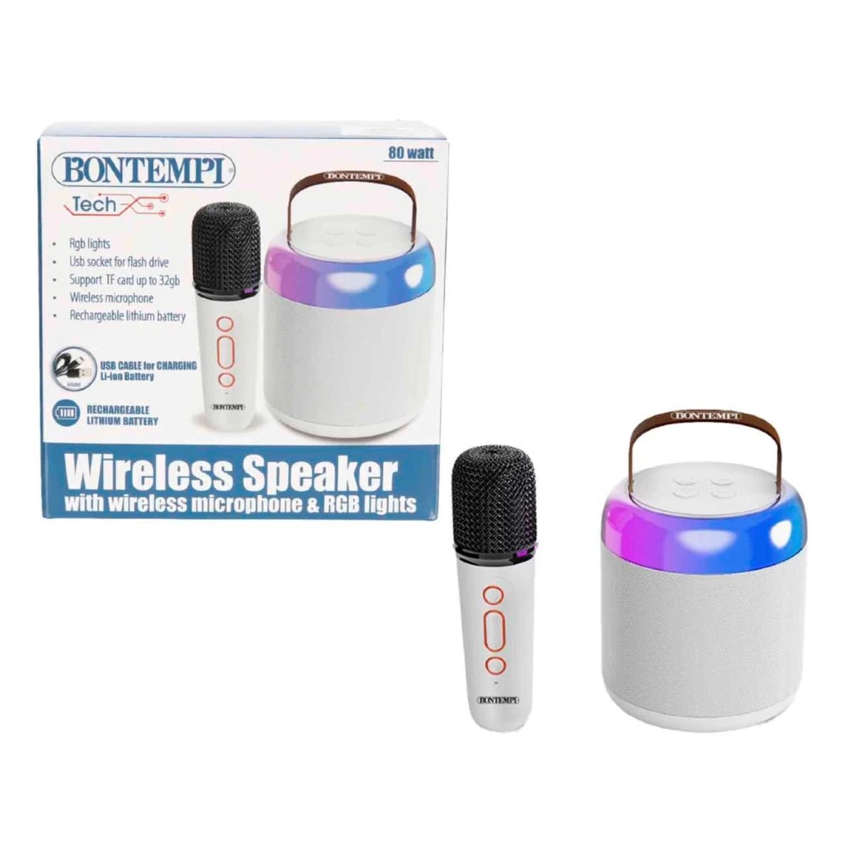 Bontempi Işıklı Kablosuz Hoparlör ve Mikrofon Seti Bluetooth Bağlantılı, Ses Değiştirme Özellikli, Şarj Edilebilir ve RGB Işık Efektli Mini Karaoke İstasyonu - Roket Oyuncak