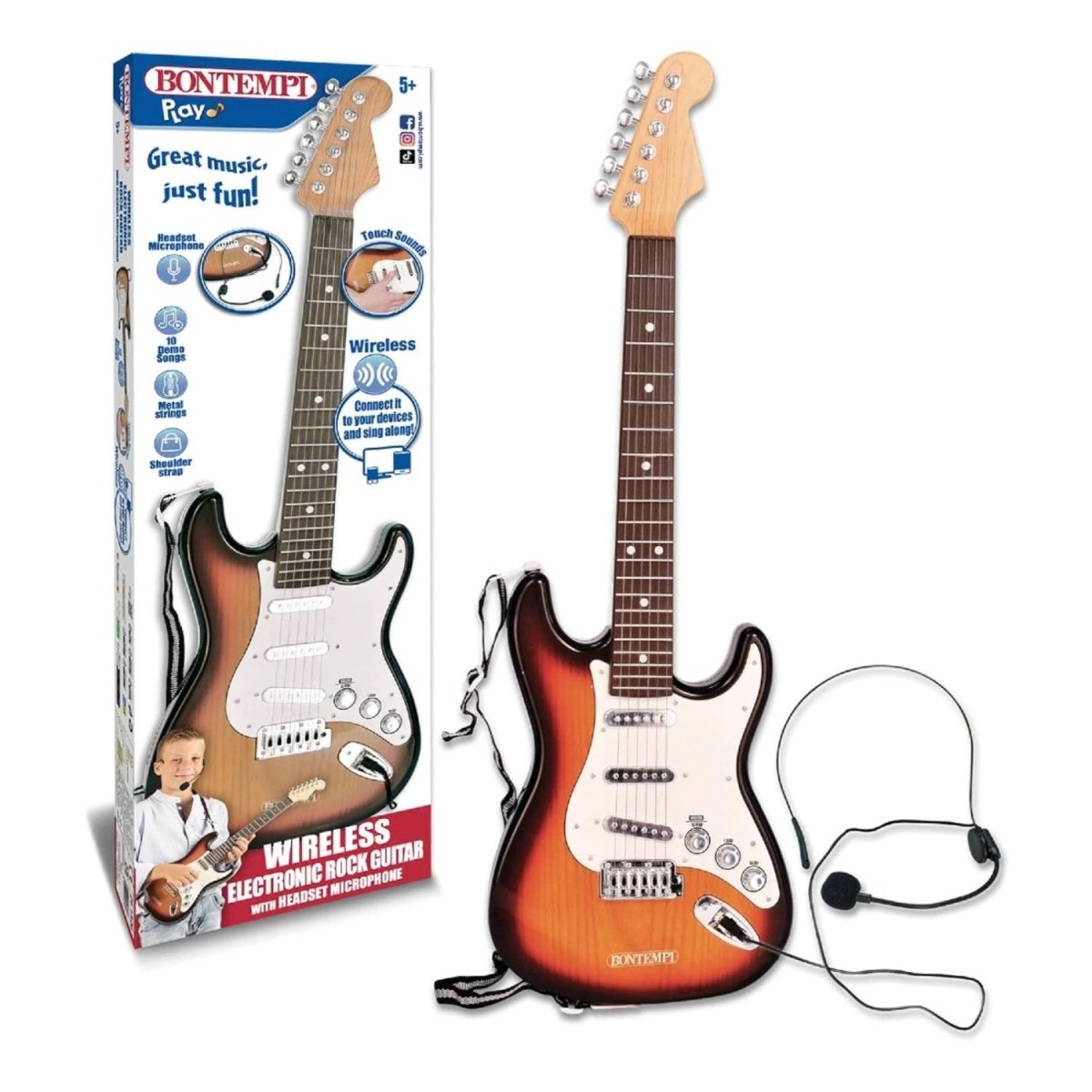 Bontempi Kafa Mikrofonlu Elektronik Rock Gitar Bluetooth Bağlantılı, 10 Demo Şarkılı ve Gerçek Metal Telli 67 cm Performans Gitarı - Roket Oyuncak