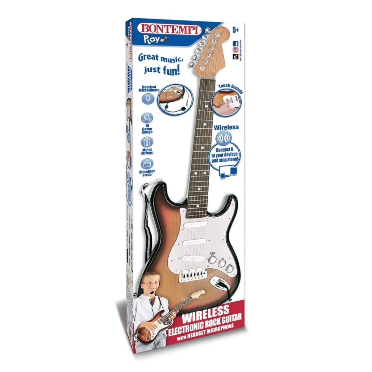 Bontempi Kafa Mikrofonlu Elektronik Rock Gitar Bluetooth Bağlantılı, 10 Demo Şarkılı ve Gerçek Metal Telli 67 cm Performans Gitarı - Roket Oyuncak