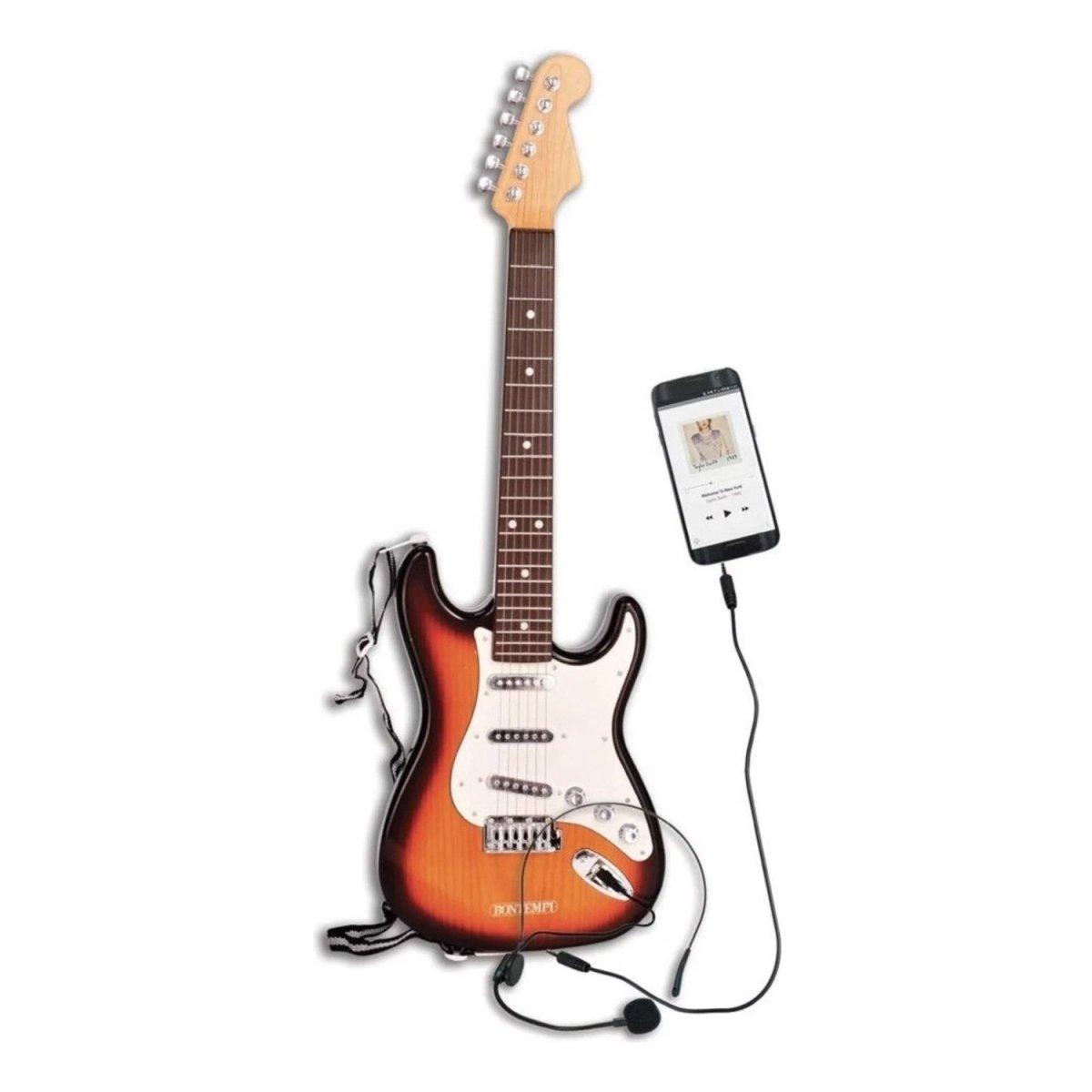 Bontempi Kafa Mikrofonlu Elektronik Rock Gitar Bluetooth Bağlantılı, 10 Demo Şarkılı ve Gerçek Metal Telli 67 cm Performans Gitarı - Roket Oyuncak