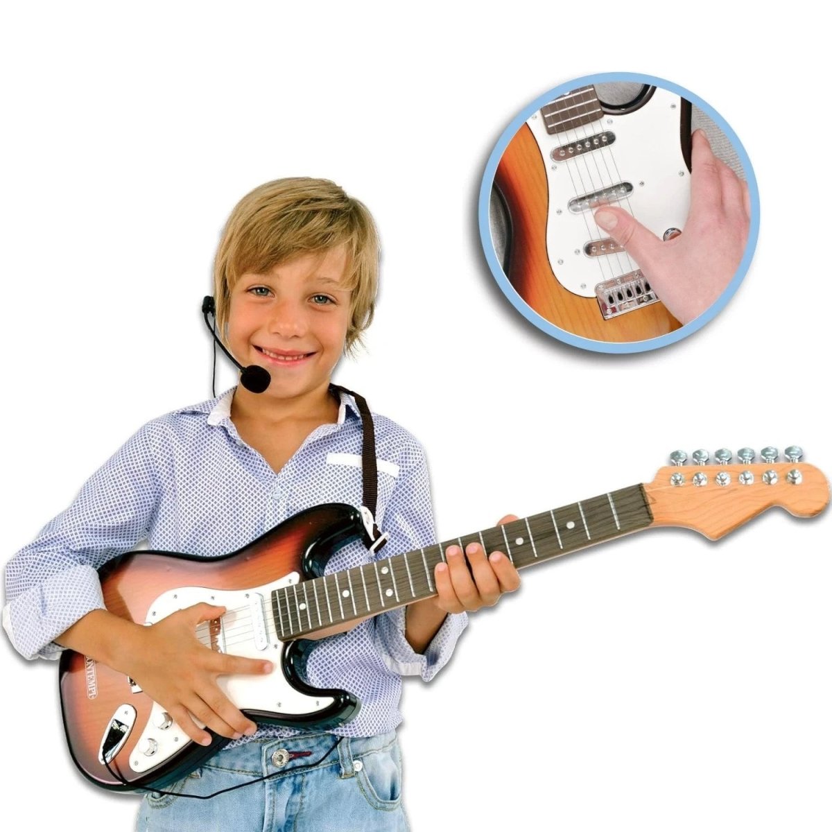 Bontempi Kafa Mikrofonlu Elektronik Rock Gitar Bluetooth Bağlantılı, 10 Demo Şarkılı ve Gerçek Metal Telli 67 cm Performans Gitarı - Roket Oyuncak