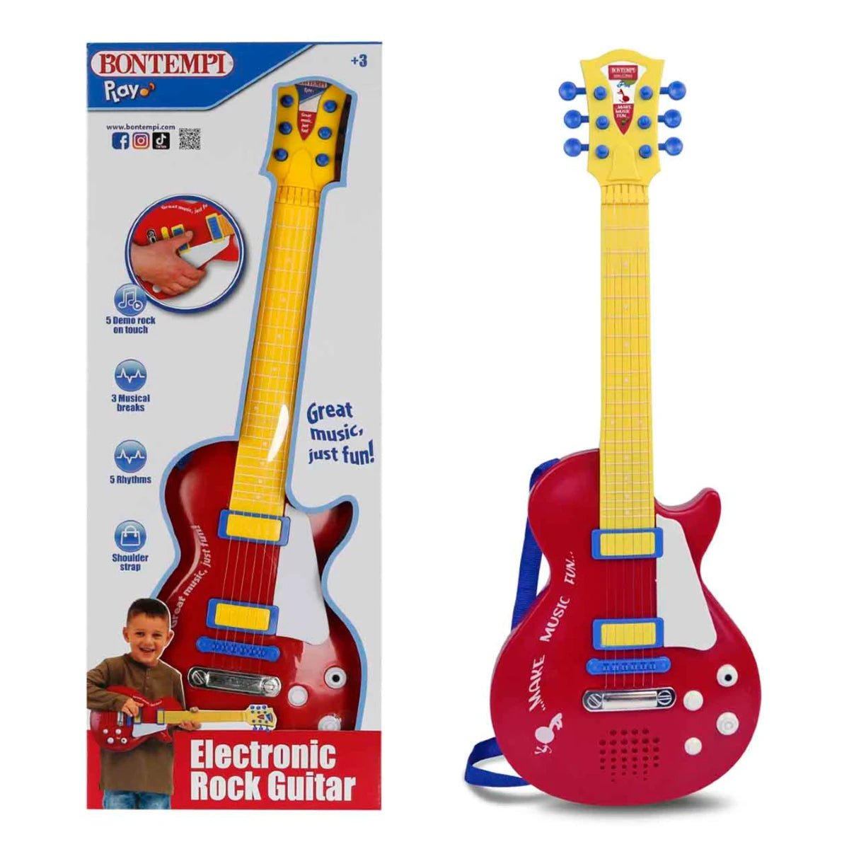 Bontempi Kırmızı Elektronik Çocuk Rock Gitarı 53 cm, Mikrofon Girişli ve Ritim Destekli - Roket Oyuncak