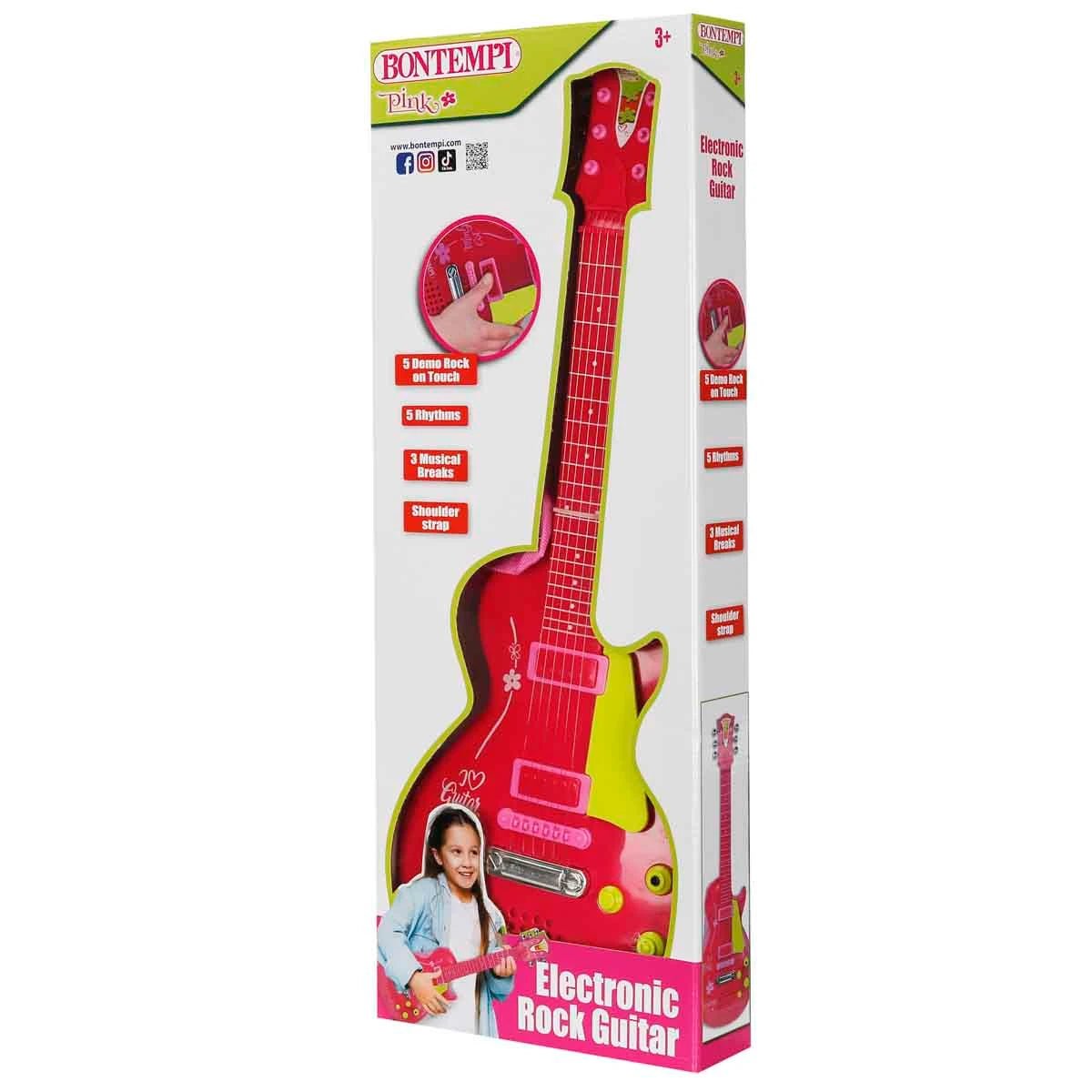Bontempi Pembe Elektronik Çocuk Rock Gitarı 53 cm, Gerçek Telli, Ritim Destekli ve Mikrofon Soketli - Roket Oyuncak