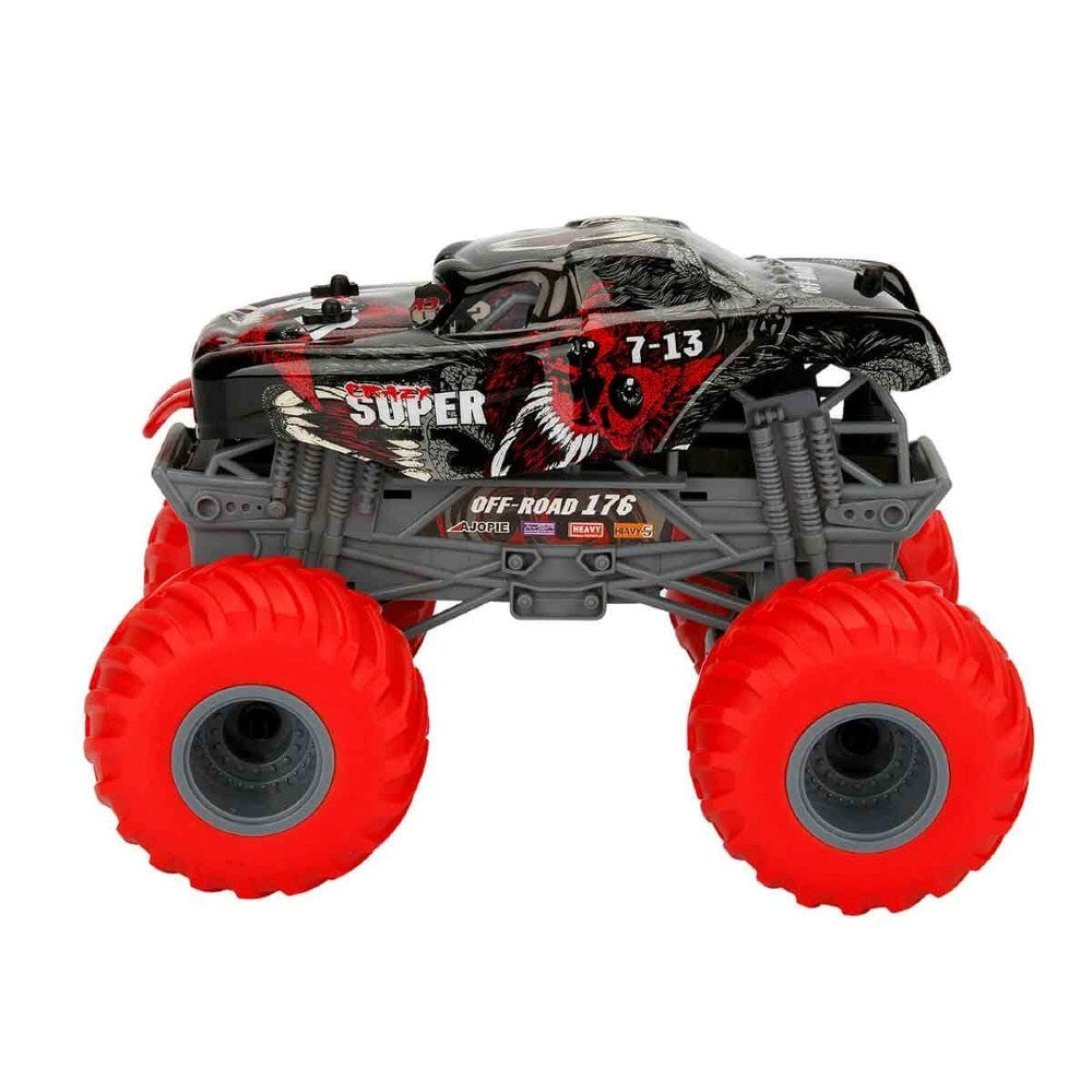 Crazon Spirit Beasts Dev Tekerlekli Kumandalı Araba Crazy, büyük kırmızı lastiklere sahip, off-road tasarımında bir oyuncak araba.