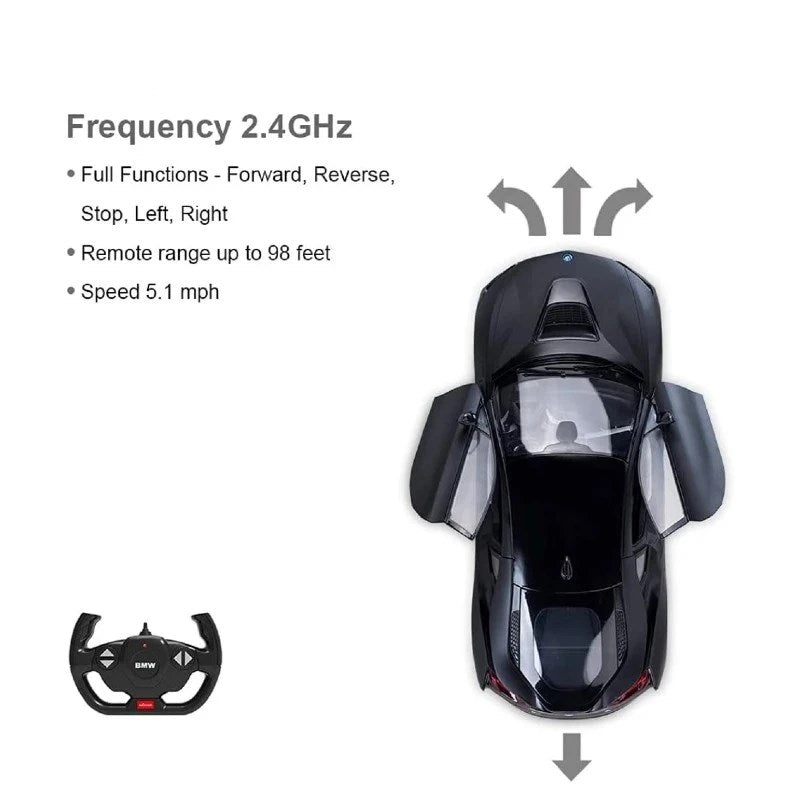 Rastar Bmw i8 Uzaktan Kumandalı Işıklı Araba Siyah, 2.4GHz frekans, uzaktan kumanda, 30 cm, tam işlevler