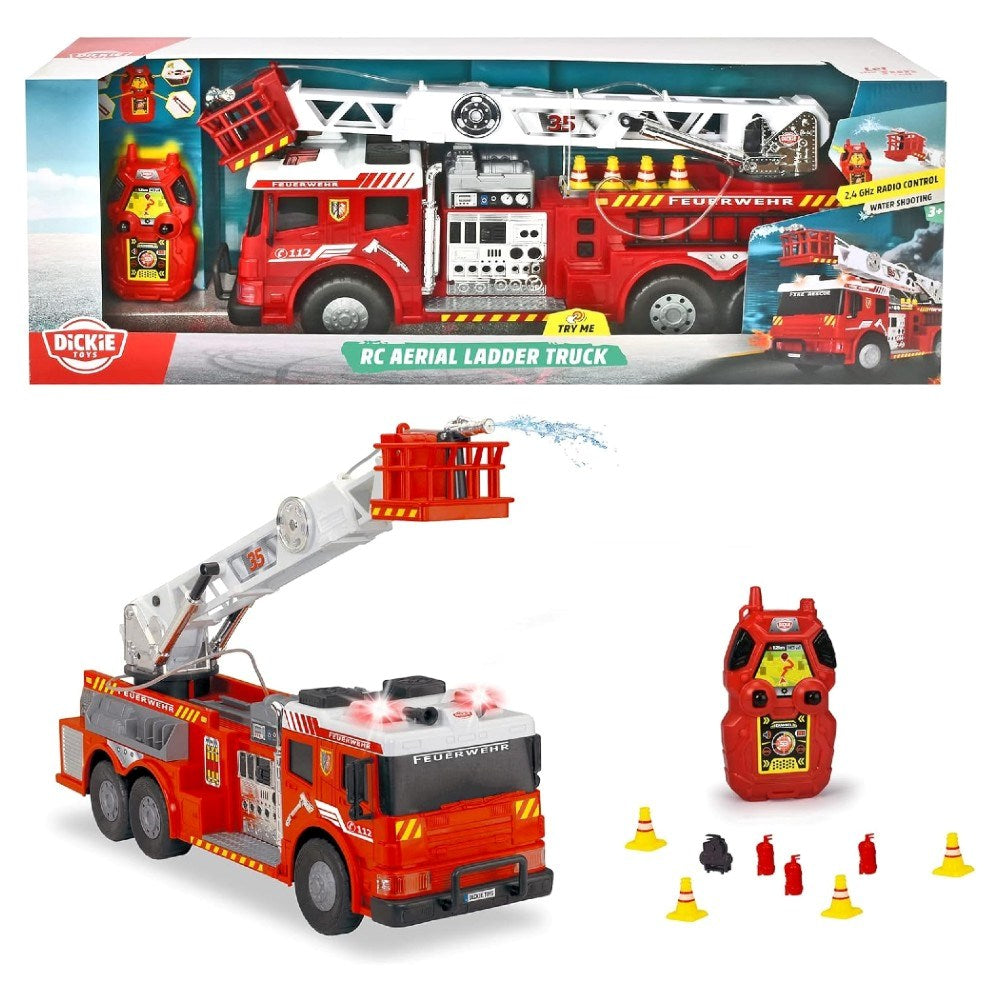 Dickie Aerial Ladder Truck Uzaktan Kumandalı İtfaiye Aracı görüntüsü, uzaktan kumanda ve aksesuarlar ile birlikte.