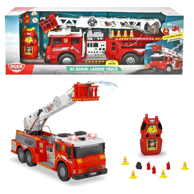 Dickie Aerial Ladder Truck Uzaktan Kumandalı İtfaiye Aracı görüntüsü, uzaktan kumanda ve aksesuarlar ile birlikte.