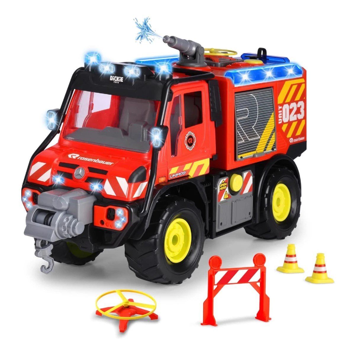 Dickie Mercedes Unimog U530 İtfaiye Kamyonu 50 cm Gerçek Su Püskürten, Pille Çalışan Vinçli, Drone Fırlatıcılı Sesli Işıklı Dev İtfaiye Aracı - Roket Oyuncak