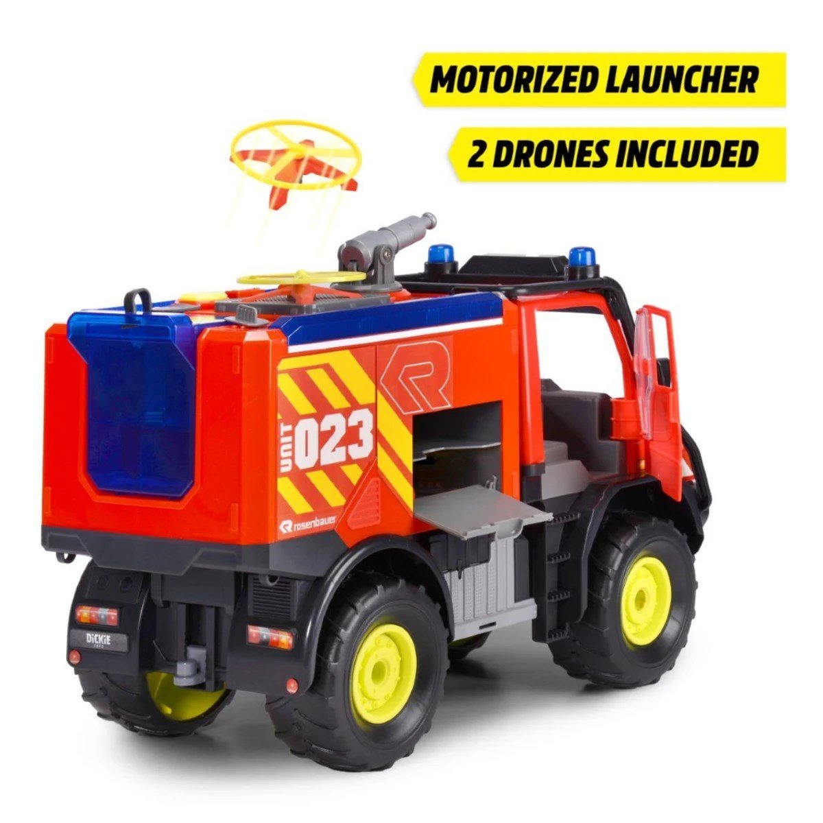 Dickie Mercedes Unimog U530 İtfaiye Kamyonu 50 cm Gerçek Su Püskürten, Pille Çalışan Vinçli, Drone Fırlatıcılı Sesli Işıklı Dev İtfaiye Aracı - Roket Oyuncak