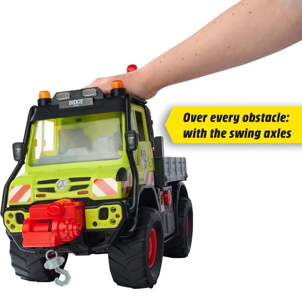 Dickie Mercedes Unimog U530 Kütük Taşıyıcı Vinç Kollu Kamyon 50 cm Joystick Kontrollü, Elektronik Kablolarla Yönetilen Sesli Işıklı Dev Araç - Roket Oyuncak