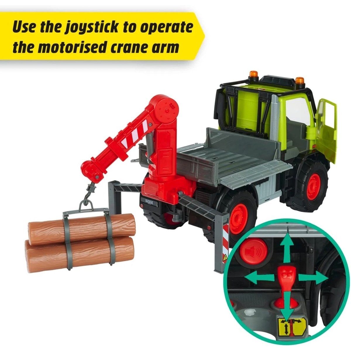 Dickie Mercedes Unimog U530 Kütük Taşıyıcı Vinç Kollu Kamyon 50 cm Joystick Kontrollü, Elektronik Kablolarla Yönetilen Sesli Işıklı Dev Araç - Roket Oyuncak