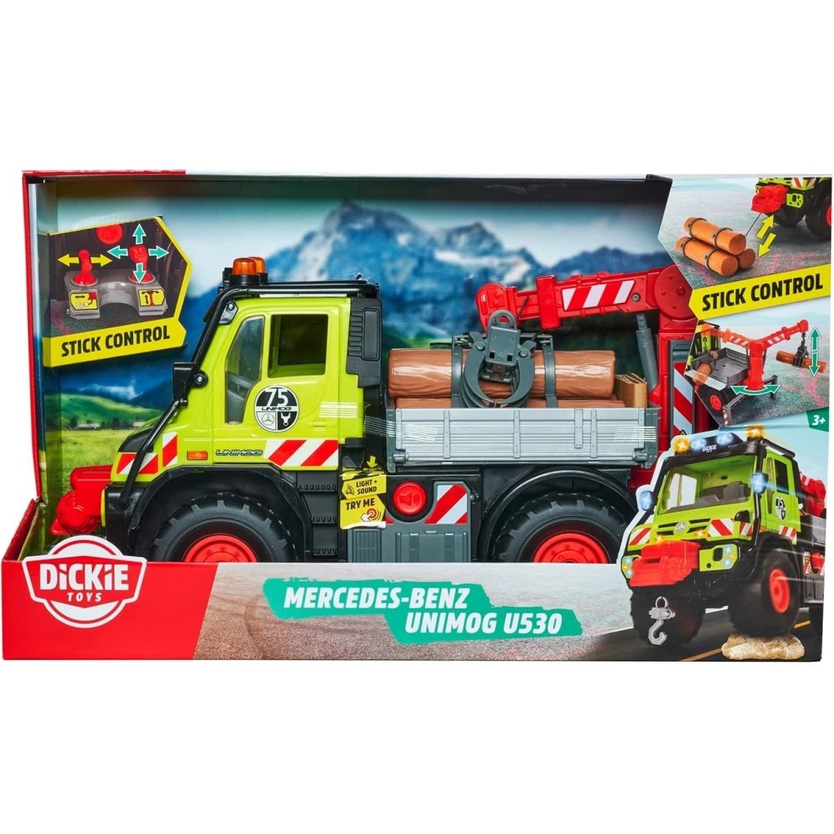 Dickie Mercedes Unimog U530 Kütük Taşıyıcı Vinç Kollu Kamyon 50 cm Joystick Kontrollü, Elektronik Kablolarla Yönetilen Sesli Işıklı Dev Araç - Roket Oyuncak