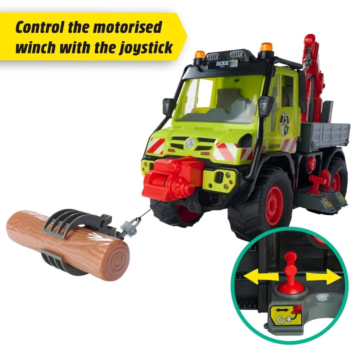 Dickie Mercedes Unimog U530 Kütük Taşıyıcı Vinç Kollu Kamyon 50 cm Joystick Kontrollü, Elektronik Kablolarla Yönetilen Sesli Işıklı Dev Araç - Roket Oyuncak