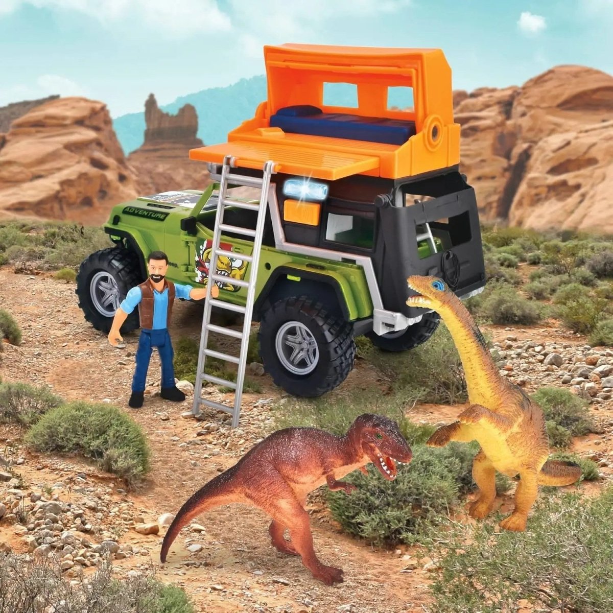 Dino Camper Sesli ve Işıklı Jeep Arazi Aracı, Ranger ve Dinozor Figürlü Macera Seti (23 cm) - Roket Oyuncak