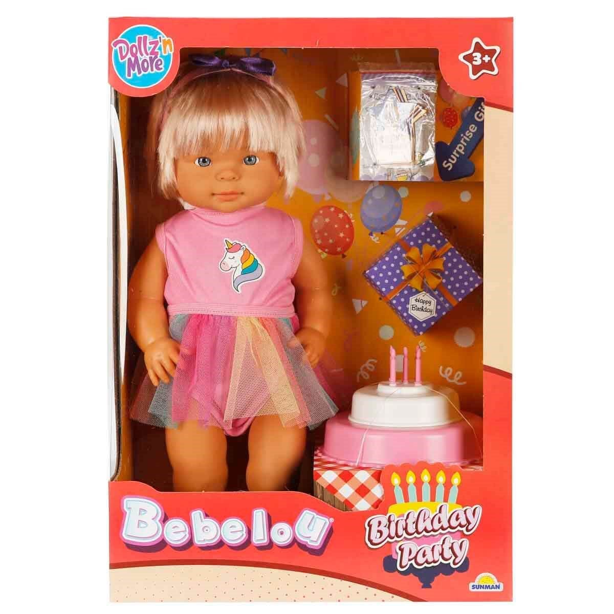 Dollz n More Bebelou Birthday Party Bebek Seti 40 cm Renkli Etekli Modelli, Sürpriz Hediye Kutulu ve İki Katlı Maket Pastalı Evcilik Seti - Roket Oyuncak